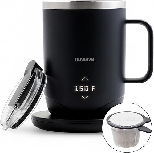 Nuwave Self-Heating Coffee Mug with Charging Base, 16oz Heated Coffee Cup, 5Hr Cordless Runtime, LED Touch Controls, Adjustable Brew Settings, Includes Stainless Steel Filter, 45201BV02