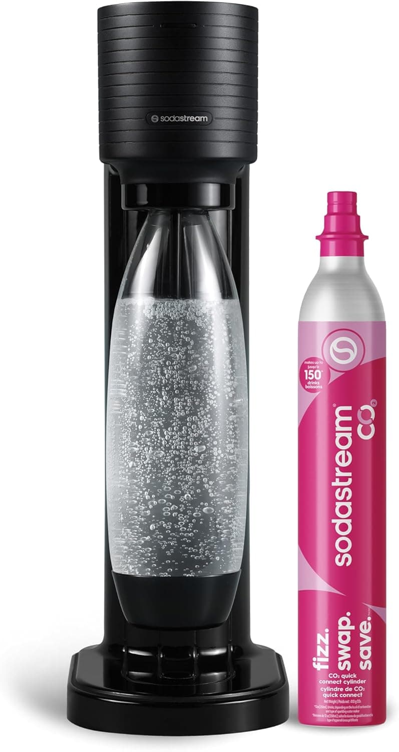 Terra Sparkling Water Maker Machine, with 1 Litre Reusable BPA-Free Water Bottle for Carbonating & 60 Litre Quick Connect CO2 Gas Cylinder – Black