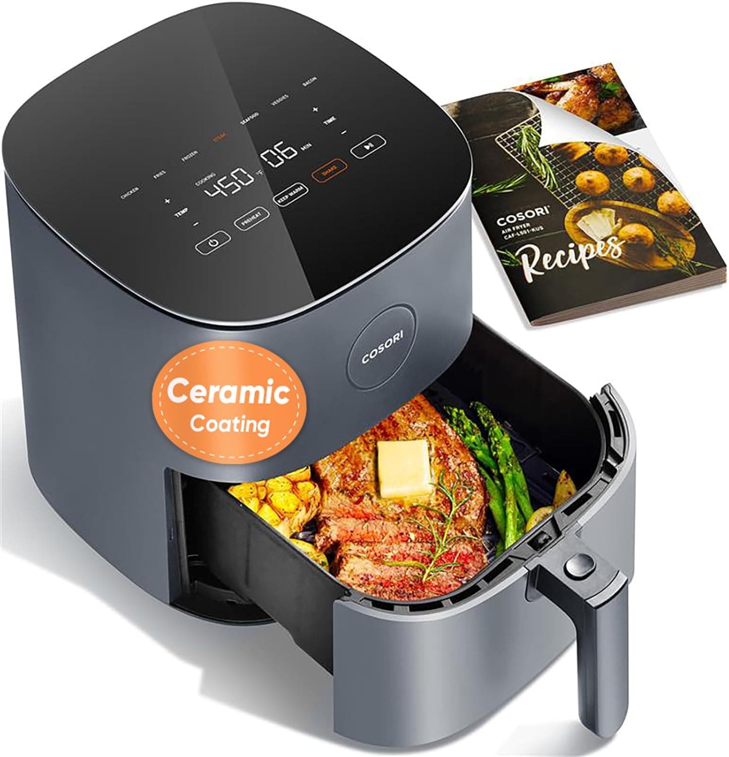 Cosori 9-in-1 TurboBlaze Air Fryer 6 Qt, PFAS-Free Ceramic Coating, 90°–450°F, Precise Heating for Even Results, Air Fry, Roast, Bake, Broil, Dry, Frozen, Proof, Reheat, Keep Warm, 120V, Dark Gray