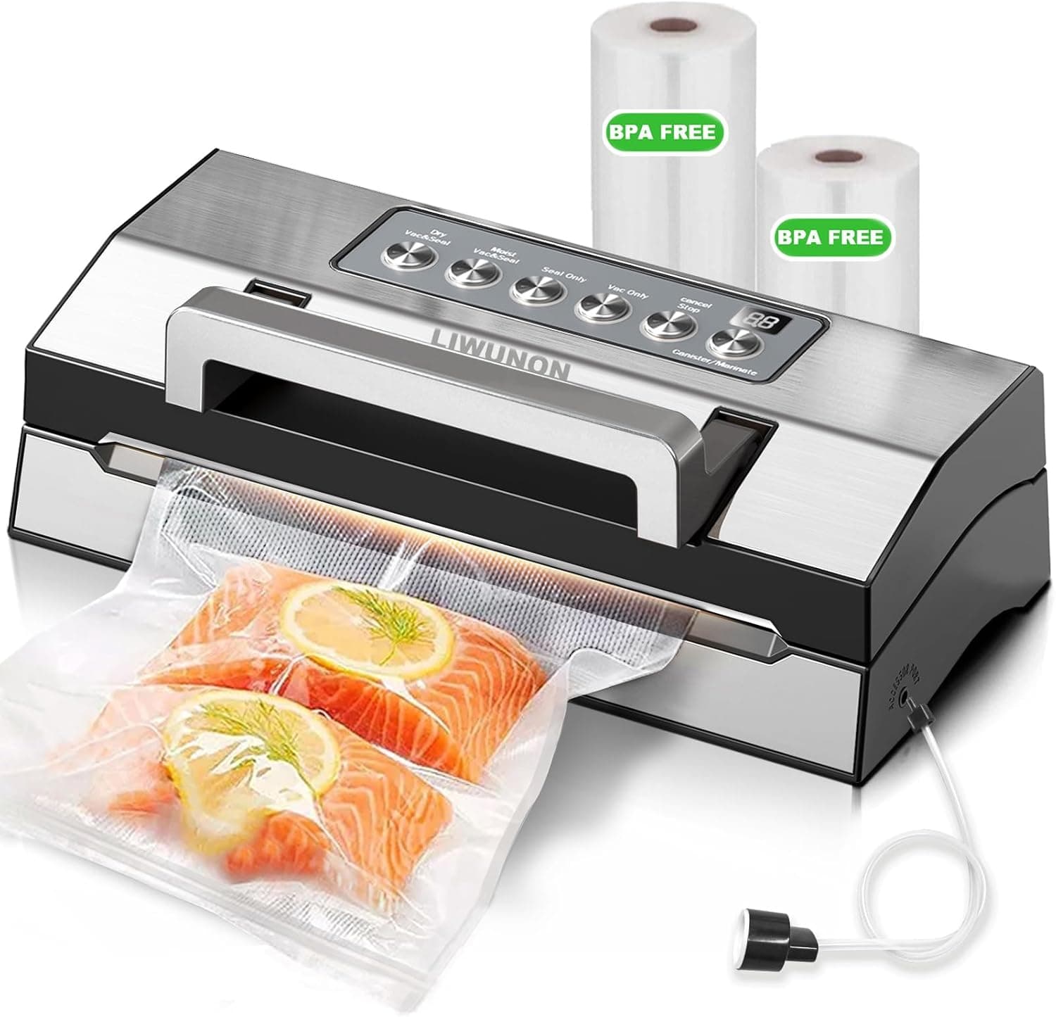 Gasbye 95kPa Precision Vacuum Sealer Machine, Double Heat Seal for Dry/Moist Food, Easy-Lock Handle, Built-in Bag Storage & Cutter, Progress Display, Pulse Mode, Removable Drip Tray, Silver