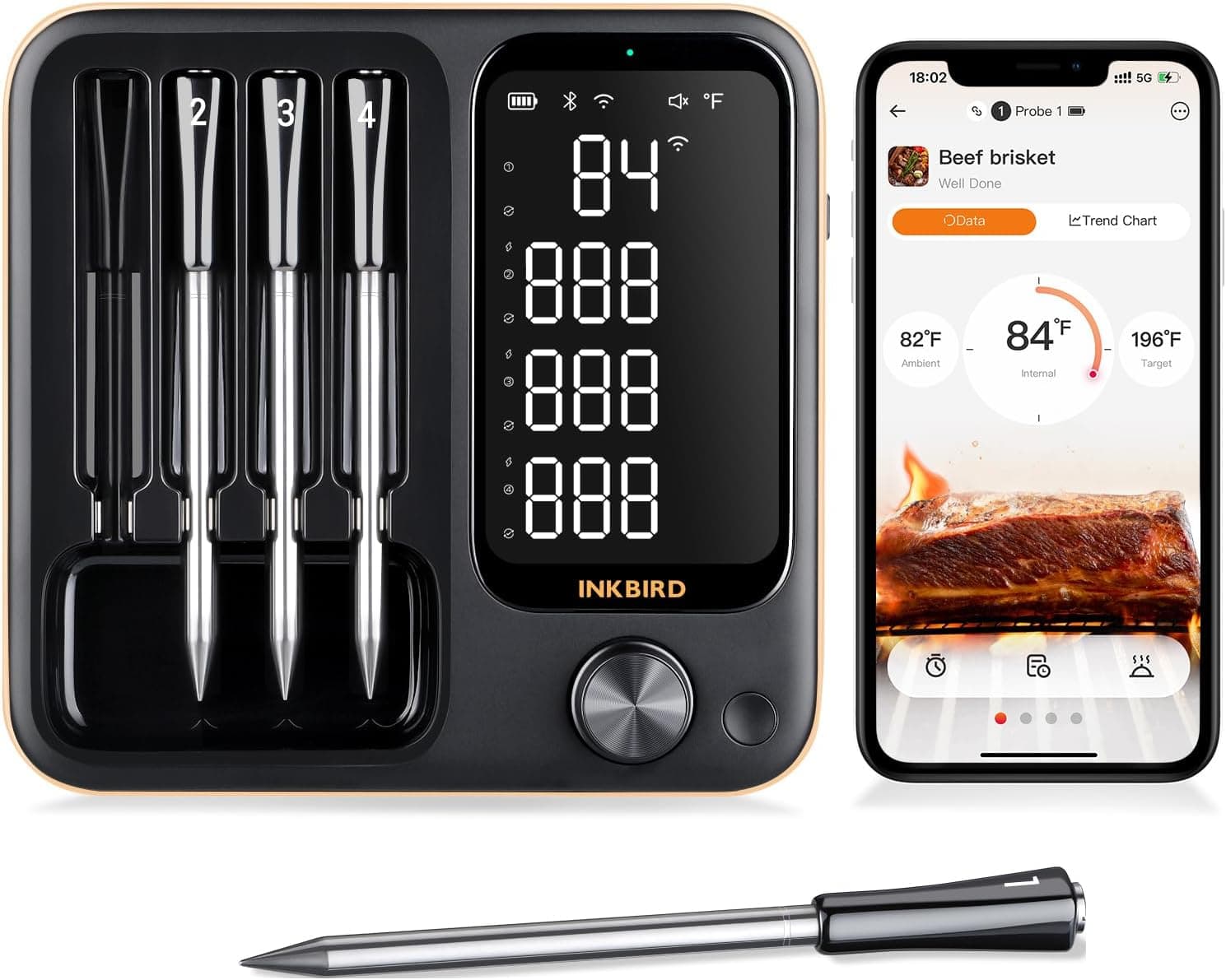 Wireless Meat Thermometer Digital with 4 Probes - 800FT Bluetooth Food Cooking Thermometer, Dual Sensors with NIST Certified Accuracy, Standalone Base for Kitchen Grill BBQ Oven Smoker