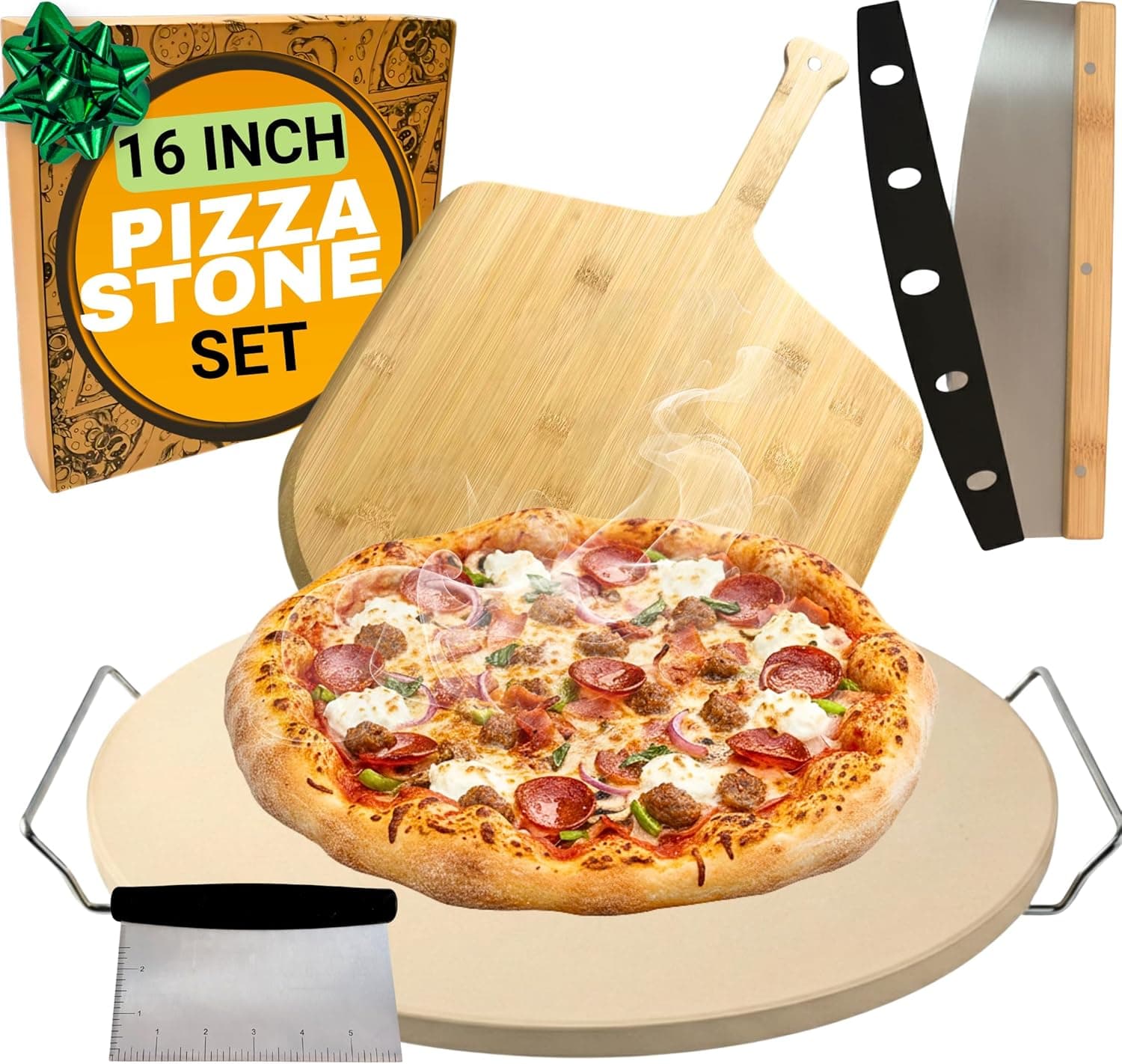 KitchenStar 16-inch Pizza Making Set, 6 PCS - Pizza Stone + Stainless Steel Rack, Acacia Wood Pizza Peel, Pizza Cutter Rocker + Protective Cover, Metal Brush - Oven & Grill Accessories Kit