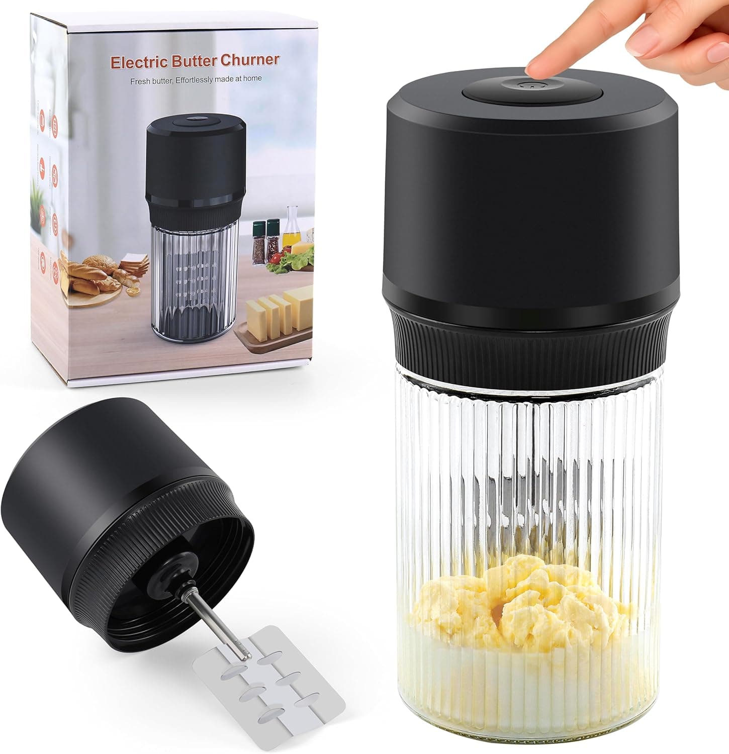 IFOLO Electric Butter Churn – One-Touch Butter Maker in 5–10 Mins, 34oz Glass Jar with High-Speed Brushless Motor, High-Speed Mixing for Creamy Results